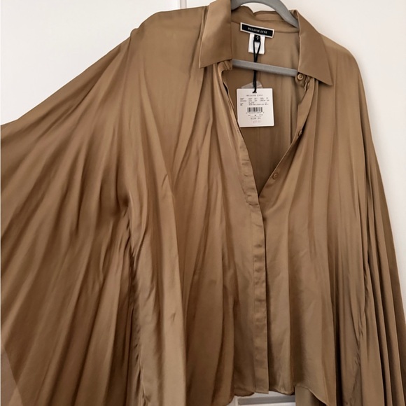 Melanie Lyne Tops - Relaxed Satin Button-Down Shirt in Camel by BLAKES IDEE